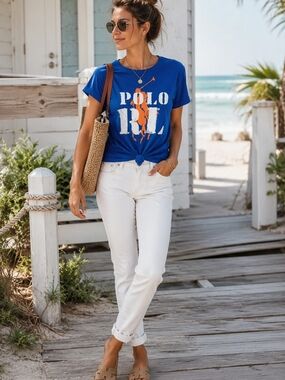 Polo by Ralph Lauren Blue Graphic Tee with White Women’s Jeans